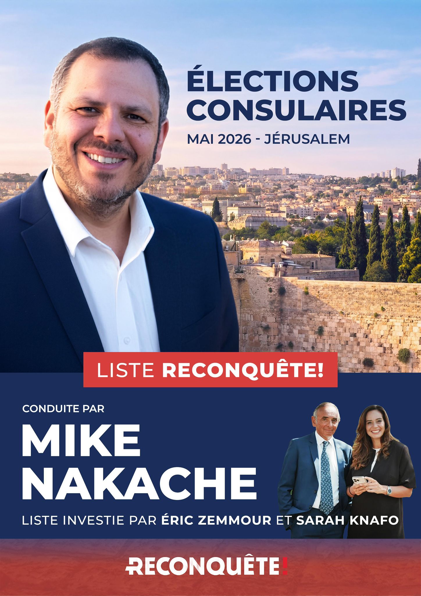 Affiche de campagne — Liste Reconquête! Jérusalem, conduite par Mike Nakache