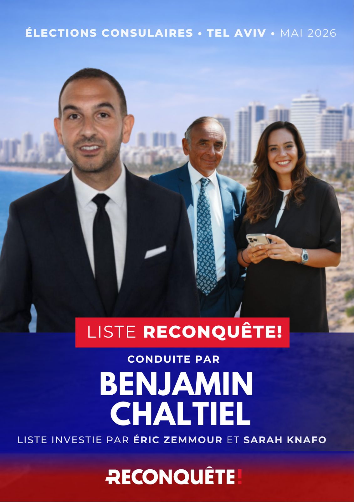 Affiche de campagne — Liste Reconquête! Tel Aviv, conduite par Benjamin Chaltiel